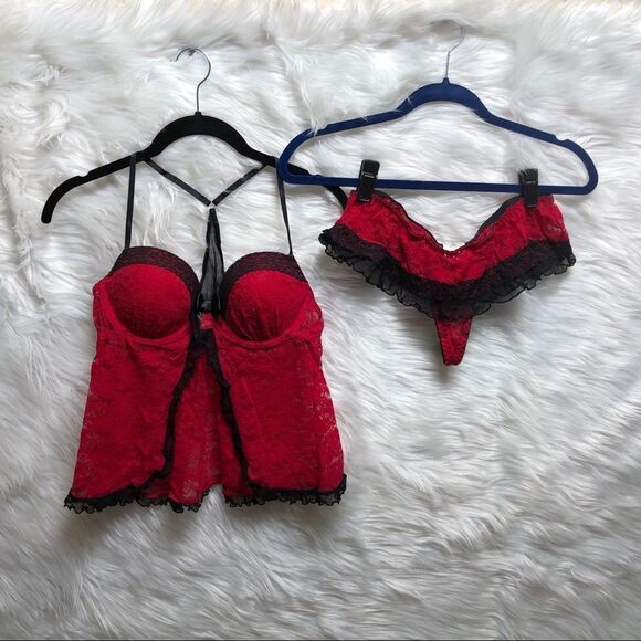Linea Donatella Other - NWT Linea Donatella Intimates Camidoll & Thong Red w/ Black Lace Trim